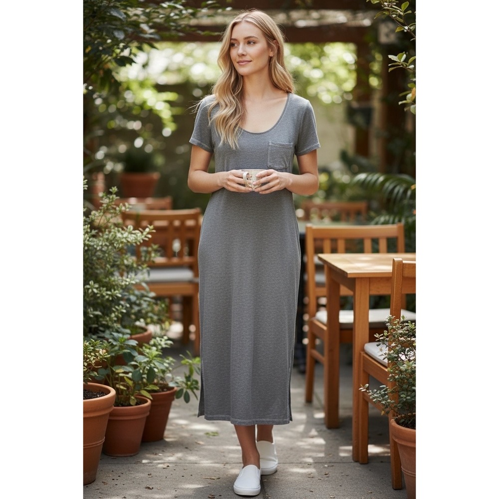 POETRY T-shirt Dress Women Size L Gray Hemp Cotton Maxi Pocket Casual Minimalist